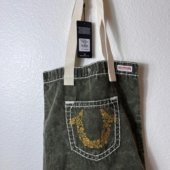 True Religion Olive Green Tote Bag with Gold Embroidery NWT - Picture 3 of 7